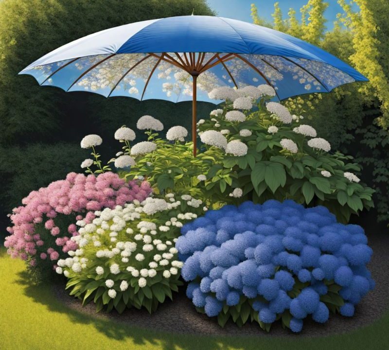 Bunter Blumenbeet mit blauer Sonnenschirm, umgeben von grünen Sträuchern.